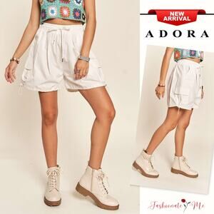 ADORA High Waisted Drawstring Relaxed Fit Wide Leg Cargo Pockets Shorts | White